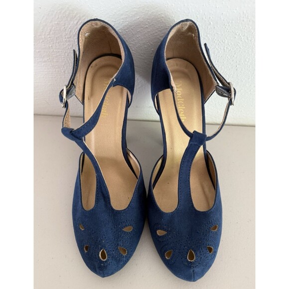 ModCloth Graham Street Heels Size 7.5 Blue Suede T-Strap Retro Vintage Style - Picture 3 of 9